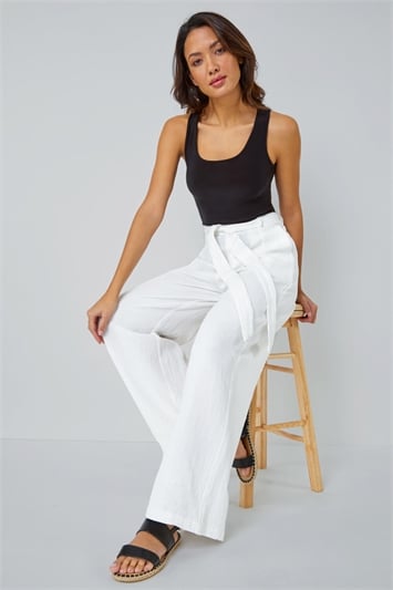 White Textured Cotton Wide Leg Trousers