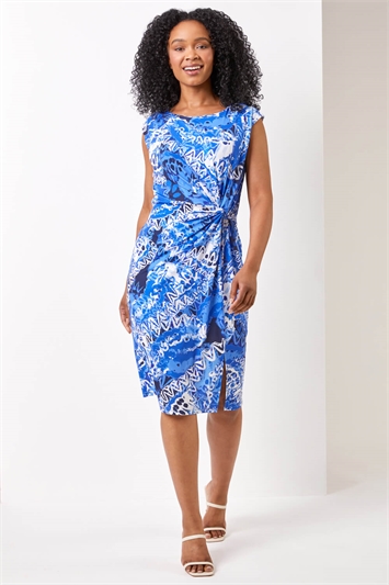 Blue Petite Abstract Print Knot Detail Dress, Image 3 of 4