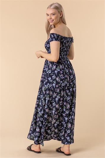 Midnight Blue Shirred Ditsy Floral Print Bardot Dress, Image 2 of 5
