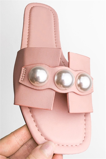Pink Pearl Detail Sliders Sandals