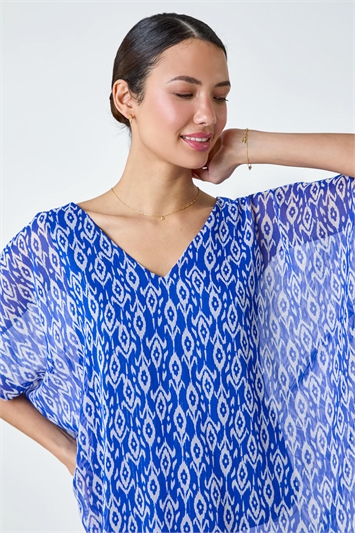 Blue Abstract Print V-Neck Overlay Tunic Top