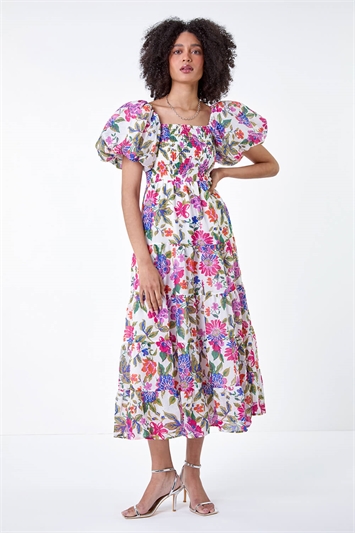 Pink Floral Tiered Puff Sleeve Midi Dress