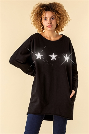 Black One Size Long Sleeve Sequin Star Top