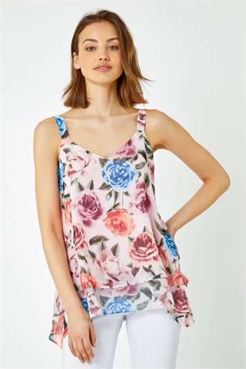 Pink Sleeveless Floral Double Layer Top