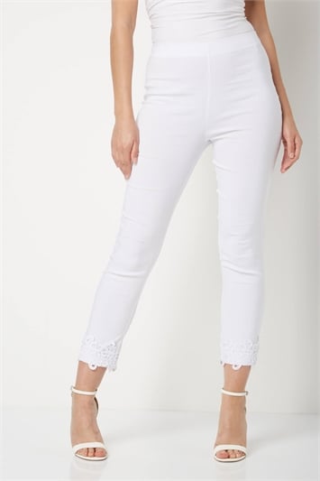 White Cropped Stretch Trousers with Lace Hem