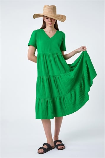 Green Cotton Textured Tiered Midi Dress