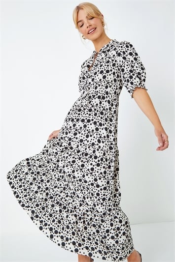 Black Floral Print Tiered Midi Shirt Dress | Roman UK