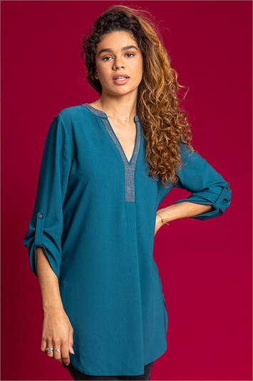 Teal Diamante Embellished Tunic Top