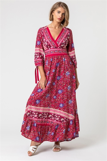 Red Floral Border Print Maxi Dress, Image 3 of 5