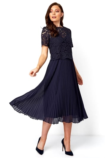Navy Lace Top Overlay Pleated Midi Dress, Image 1 of 5
