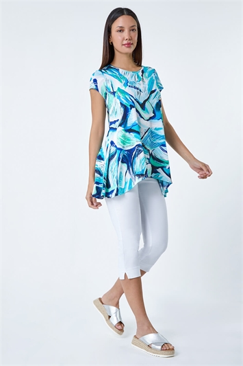 Blue Textured Abstract Stretch Hanky Hem Tunic Top
