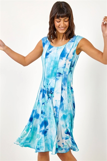 Blue Floral Print Stretch Panel Dress