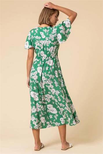 Green Floral Print Tiered Midi Dress, Image 2 of 5