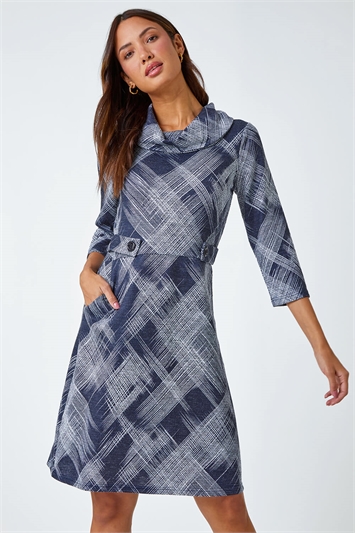 Blue Abstract Cowl Neck Stretch Dress