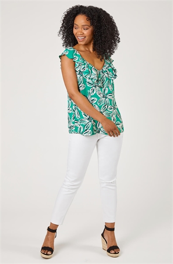 Green Petite Floral Print Frill Detail Top, Image 3 of 5