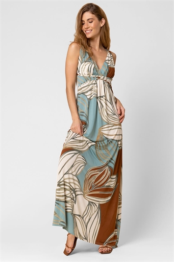 Blue Abstract Leaf Print V Neck Maxi Dress, Image 3 of 4