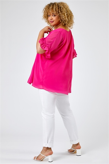 Fuchsia Curve Frill Sleeve Pleat Detail Top, Image 2 of 5