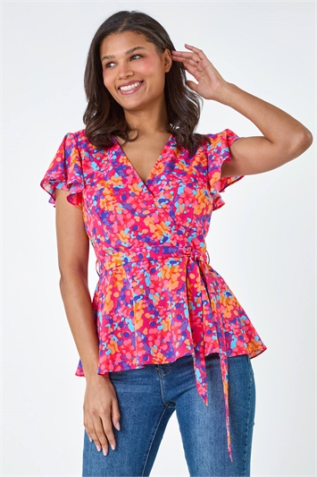 Pink Floral Print Frill Detail Top