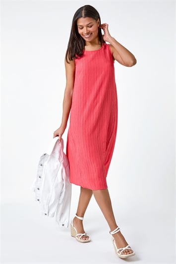 Pink Textured Sleeveless Midi Dress
