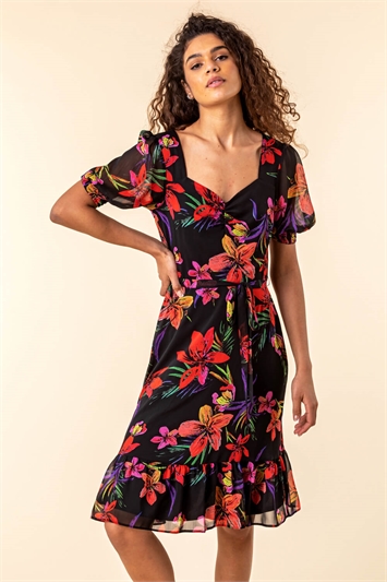 Black Tropical Floral Print Tea Dress, Image 3 of 4