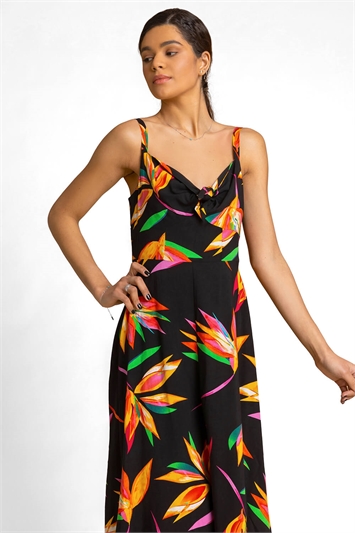 Black Floral Print Tie Front Midi Dress, Image 3 of 5