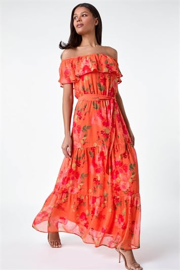 Orange Floral Tiered Bardot Belted Dress