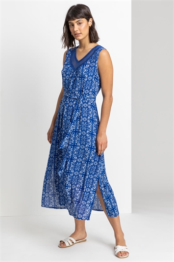 Blue Geo Print Sequin Trim Midi Dress, Image 3 of 4