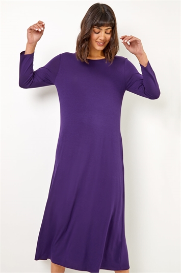 Purple Stretch Pocket Detail Midi Dress