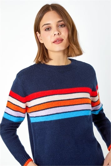 Blue Knitted Colourblock Stripe Jumper