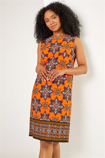 Orange Petite Tribal Border Print Shift Dress, Image 1 of 5