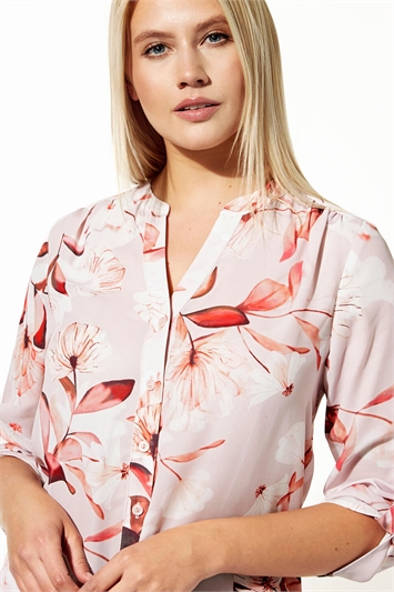 Light Pink Floral Print Roll Sleeve Shirt