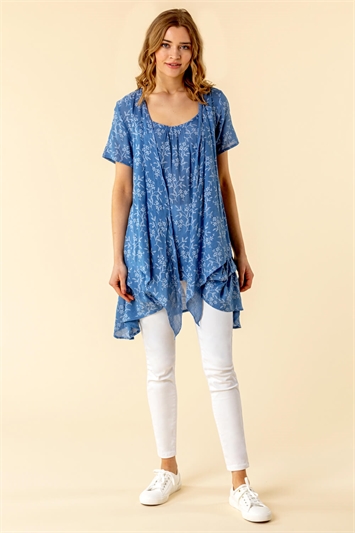 Light Blue Floral Print Crinkle Tunic Top, Image 2 of 4
