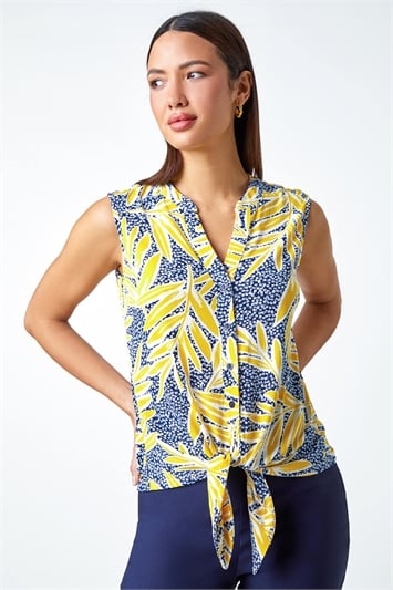 Yellow Textured Palm Print Stretch Blouse