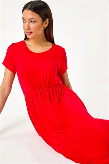 Red Stretch Gathered Pocket T-Shirt Dress