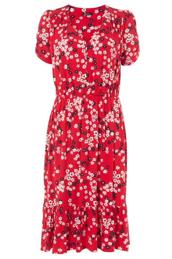 Floral Print Tiered Midi Dress in Red - Roman Originals UK