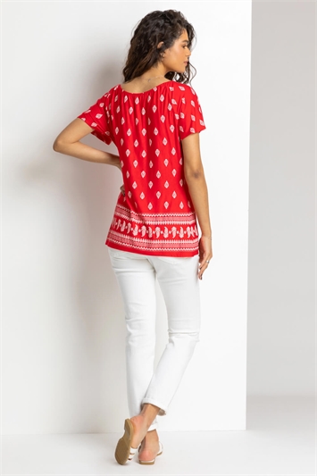 Red Paisley Print Short Sleeve Top, Image 2 of 4