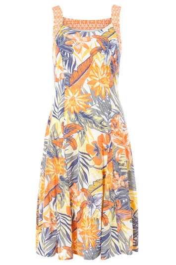 Orange Tropical Print Fit And Flare Dress, Image 5 of 5
