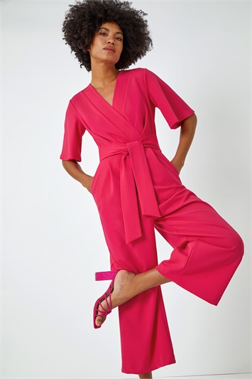 Pink Angel Sleeve Cropped Wrap Jumpsuit