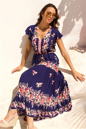 Blue Floral Print Tiered Midi Dress