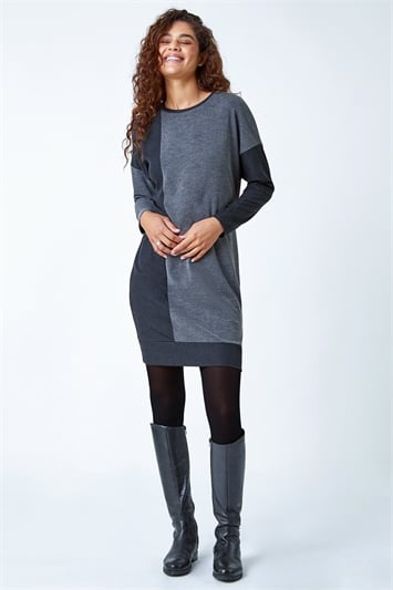 Grey Colour Block Stretch Jumper Dress