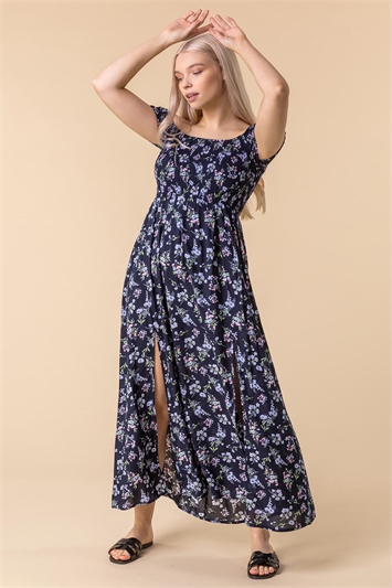 Midnight Blue Shirred Ditsy Floral Print Bardot Dress, Image 3 of 5