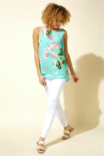 Turquoise Tropical Chiffon Overlay Vest Top, Image 3 of 4