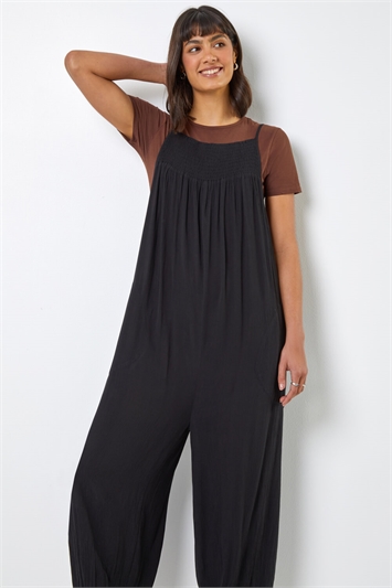 Black Strappy Full Length Shirred Jumpsuit, Image 3 of 5
