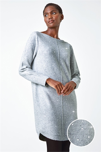 Grey Sequin Embellished Stretch Jumper Dress
