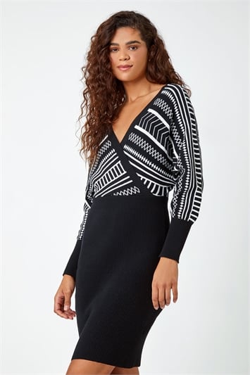 Black Printed Wrap Knitted Dress