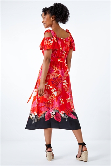 Pink Petite Tropical Print Frill Detail Midi Dress, Image 3 of 5