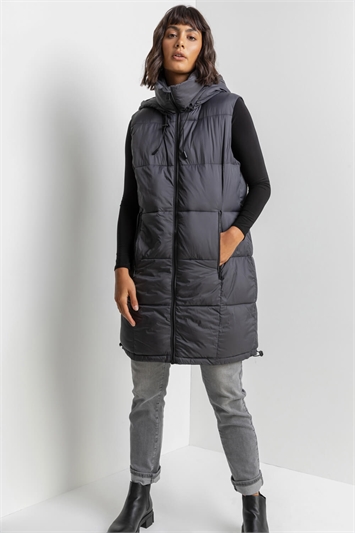 Charcoal Padded Longline Hooded Gilet, Image 6 of 6