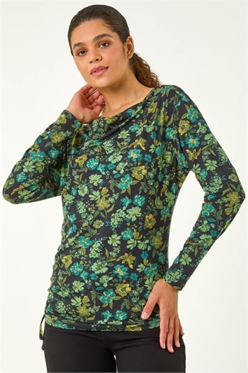 Green Ruched Floral Cowl Neck Top