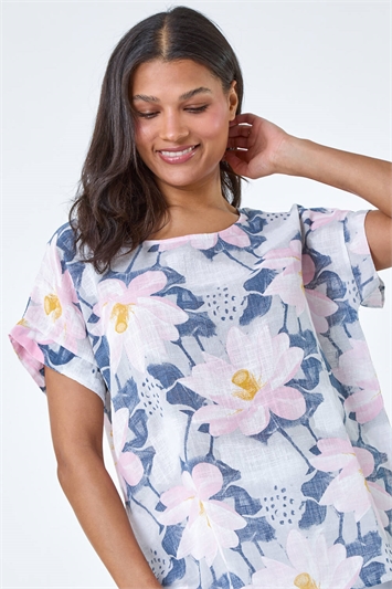 Blue Floral Print Cotton T-Shirt