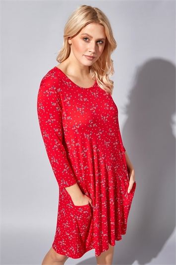 Red Floral Pocket Swing Dress